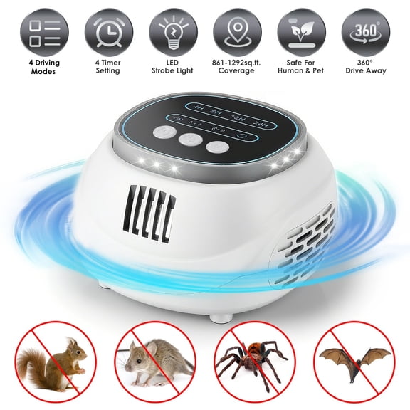 Ultrasonic Rodent Chaser Rat Repellent Pest Driver Mouse Control Squirrel Repeller with 4 Modes 4-65KHz Strobe Light 4 Timer 1292sq.ft. Coverage for Rodent Mouse Rats Squirrels Bats GPCT5491
