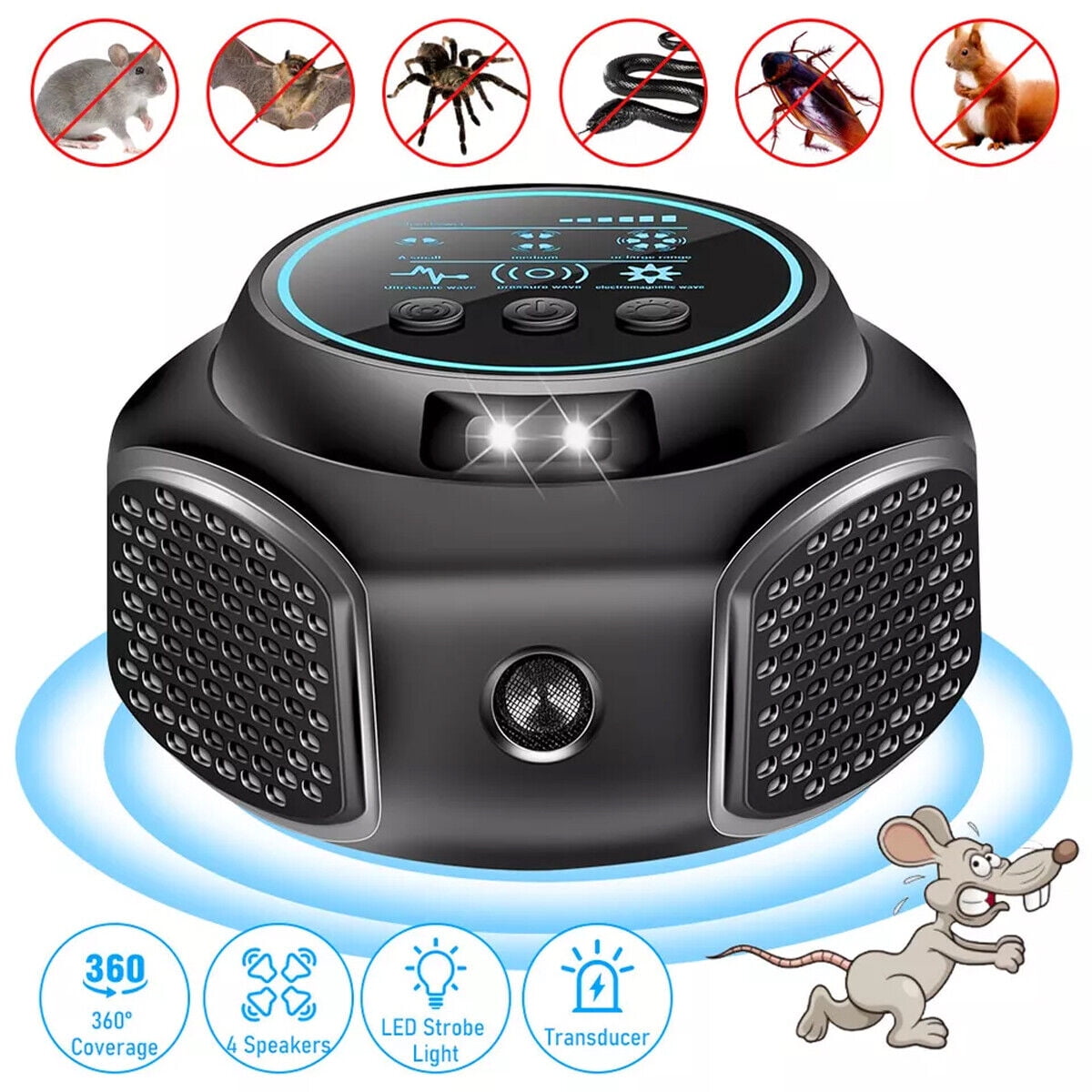 Ultrasonic Rodent Mouse Repellent, Dynamic Frequency Variation, 360 Degree Squirrel Repellent Rodent Strobe Light Keep Rat Mice Away, 24H Day and Night Pest Deterrent Control Indoor