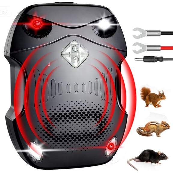 Ultrasonic Rodent Repellent with Flashing Strobe Light - Battery Powered Under Hood Mouse Deterrent, Electric Rat Repeller for Car Engines, Garage, Truck, Barn, Attic & Indoor Use (1PC)