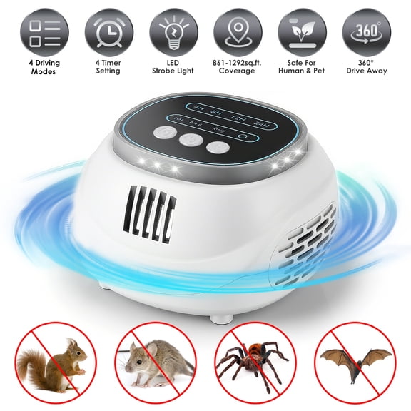 Ultrasonic Rodent Repeller 2-Pack with 4 Modes, 4-65KHz Frequency, Strobe Light and 4 Timers for Rats, Mice, Squirrels and Bats in Attics, Garages and Kitchens