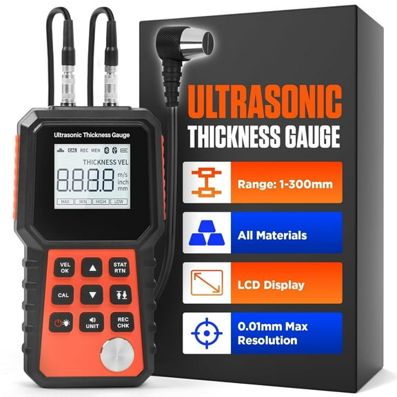 Ultrasonic Thickness Gauge, Digital Portable Tester W/ LCD Display Range 0.04-11.81"(1-300mm) for Steel Plastic Glass Aluminum Copper Metal Thickness Detector
