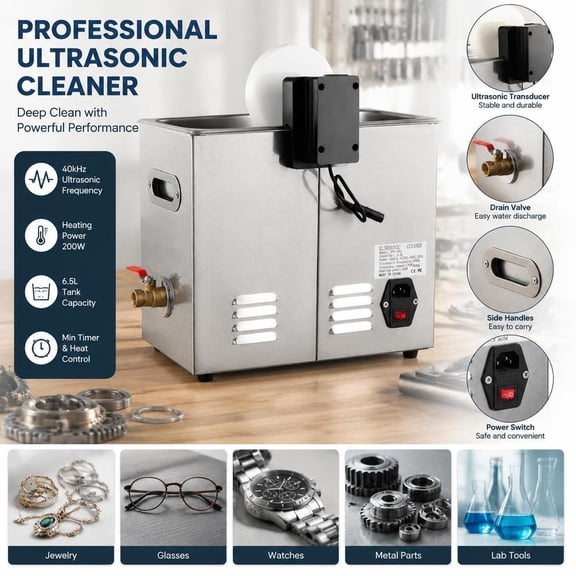 Ultrasonic Vinyl Record Cleaner, 6L 40kHz Cleaning Machine, 304 Stainless Steel Tank, Knob Control, 4-Record Washing Rack, LP Album Cleaning Kit for Home Vinyl Collections, Record Maintenance Tool