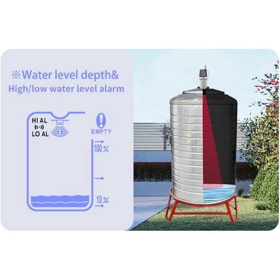 Ultrasonic Water Level Monitor Tank Liquid Level High/Low Alarm Solar Powered Water Level Sensor Water Level Indicator Gauge IP65 Waterproof