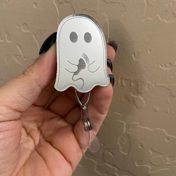Ultrasound Ghost silver mirrored Badge Reel, Xray tech, ct tech, radiology , radiologic Technologist, humor, Halloween, boo, sonography