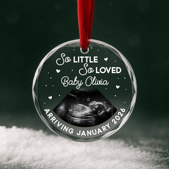 Ultrasound Photo Glass Ornament 2026 – Personalized Pregnancy Announcement “So Loved”