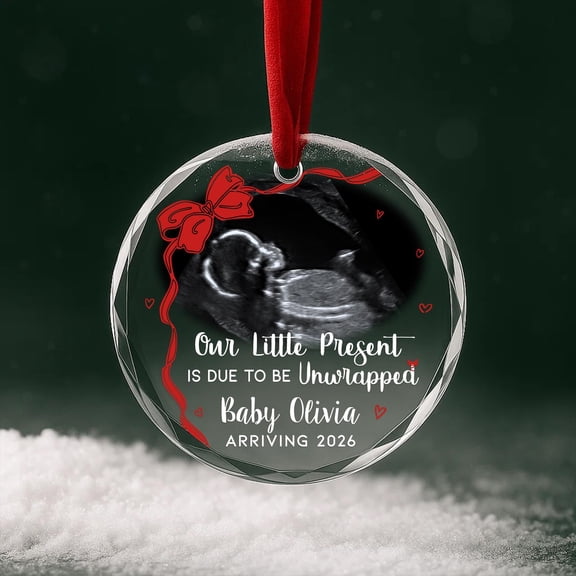 Ultrasound photo glass ornament personalized | baby announcement keepsake; Our little present quote; custom picture Christmas gift