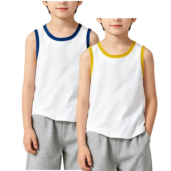 Ultrave Boys 2 Pc Contrast Trim Tank Tops, Sleeveless U-Neck White Summer Tees, Casual Basic Tee for Kids 2-12Y
