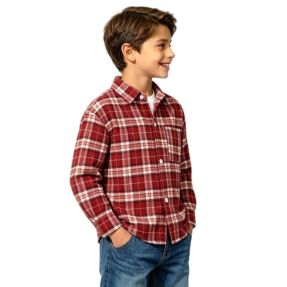 Ultrave Boys Plaid Flannel Shirt Long Sleeve Button Down Lapel Casual Kids Top with Chest Pocket 2-15Y