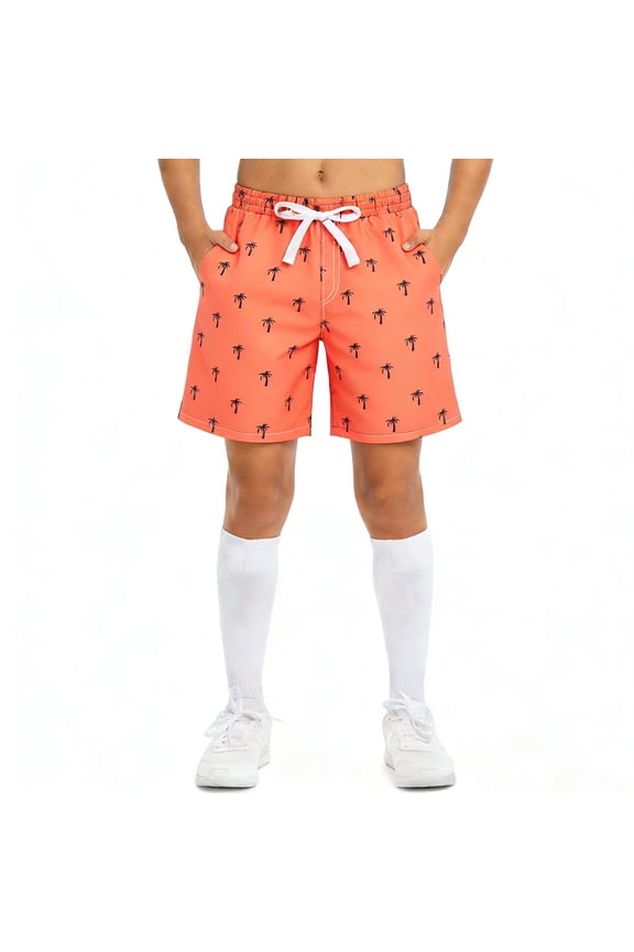Boys' Swim Trunks, Gradient Print Quick Dry Beach Shorts with Tree Pattern and Drawstring Waist for 6-15Y