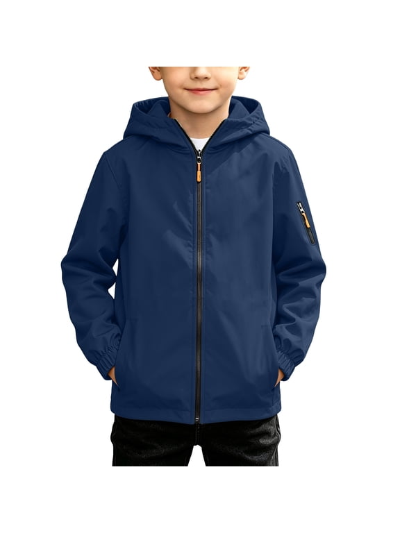 Boys Waterproof Hooded Rain Jacket Lightweight Full Zip Windproof Raincoat for Outdoor Fall Winter 4-15Y