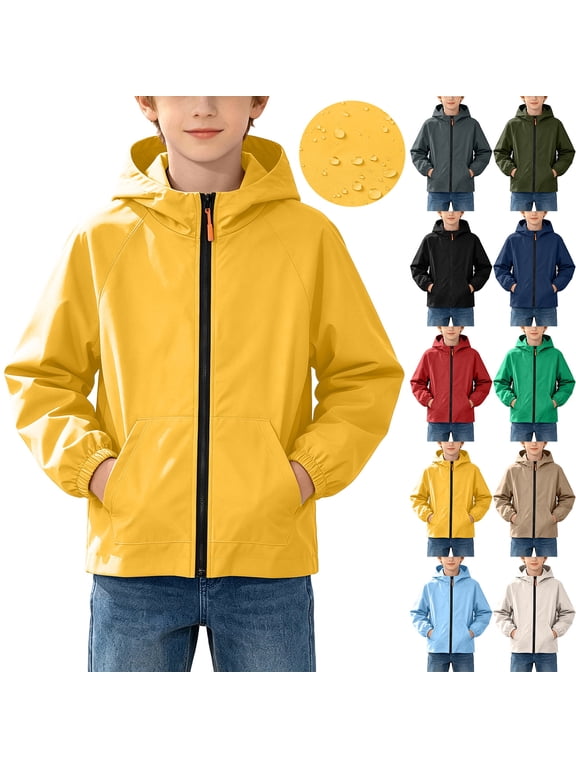 Boys Waterproof Hooded Rain Jacket Lightweight Full Zip Windproof Raincoat for Outdoor Fall Winter 4-15Y