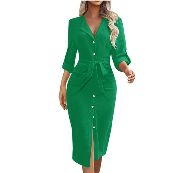 Ultrave Button Down Shirt Dress for Women Casual Solid Color Lapel Long Sleeve Dress New Arrivals
