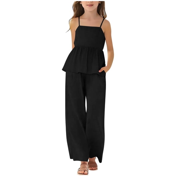 Ultrave Girls 2 Piece Cotton Linen Set, Spaghetti Strap Peplum Top Wide Leg Pants, Casual Summer Outfit