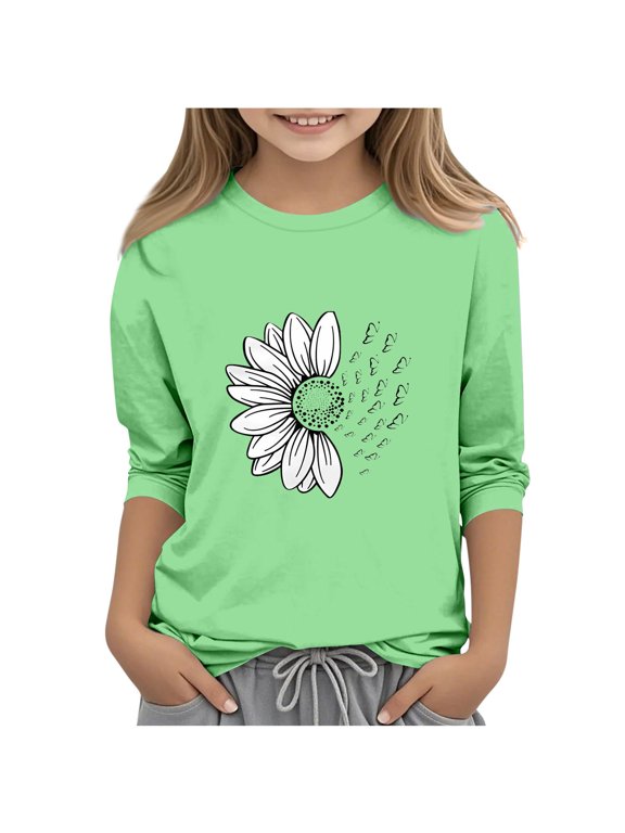Girls' 3/4 Sleeve T-Shirt, Crew Neck Casual Cotton Top for Going Out Basic Comfy Fall Layer Clothes 3-12 Y