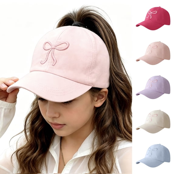 Ultrave Girls' Baseball Cap Embroidered Bow Adjustable Sun Hat Outdoor Summer Breathable Cap for 2-12Y