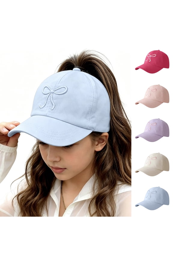 Girls' Baseball Cap Embroidered Bow Adjustable Sun Hat Outdoor Summer Breathable Cap for 2-12Y