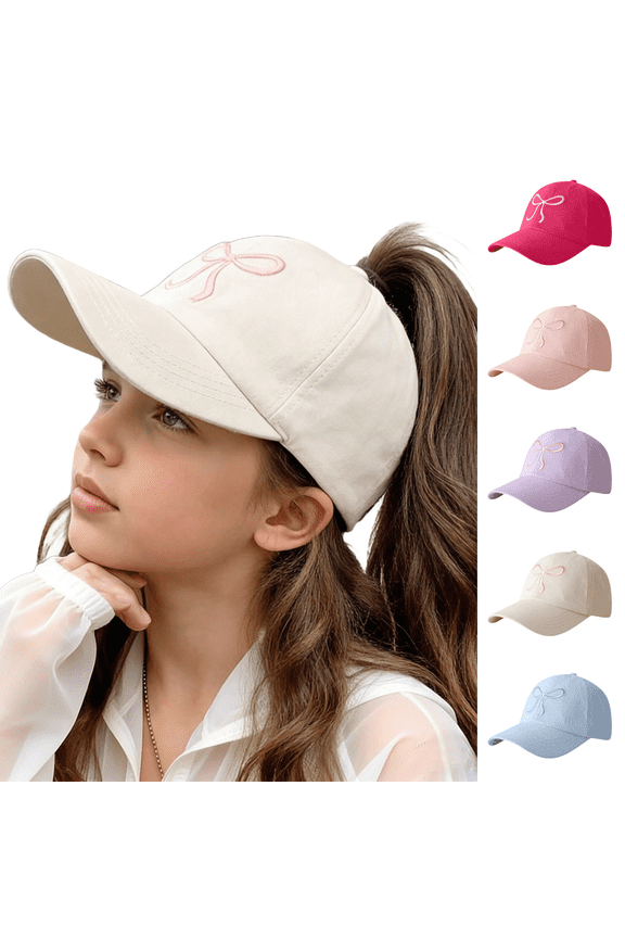 Girls' Baseball Cap Embroidered Bow Adjustable Sun Hat Outdoor Summer Breathable Cap for 2-12Y