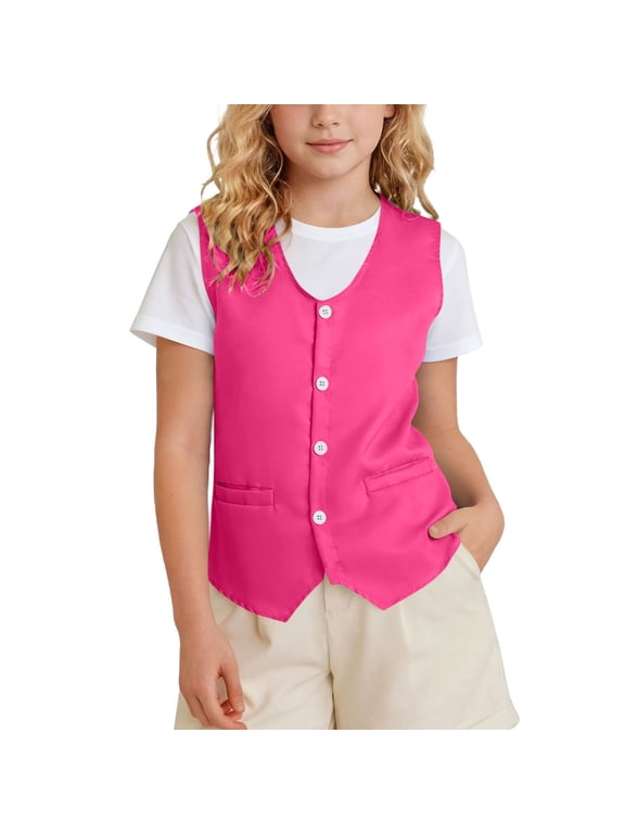 Girls Button Down V-Neck Waistcoats Sleeveless Casual Uniform Vests with Pockets for Kids 3-12Y