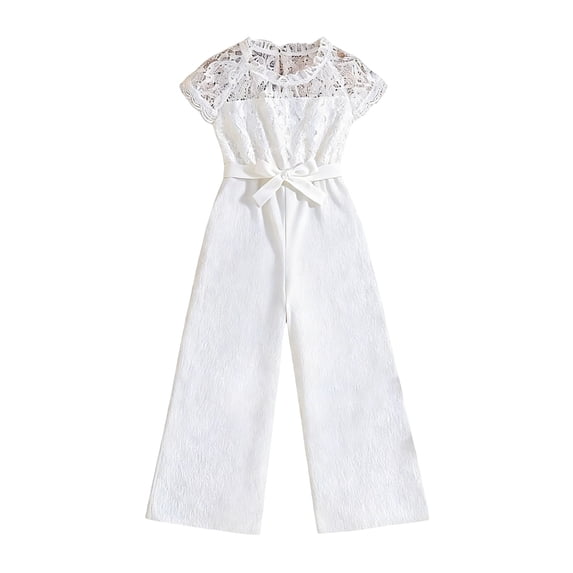 Ultrave Girls Jumpsuit Casual Short Sleeve Rompers Lace Ruched Crewneck One Piece Outfits for 7-13Y
