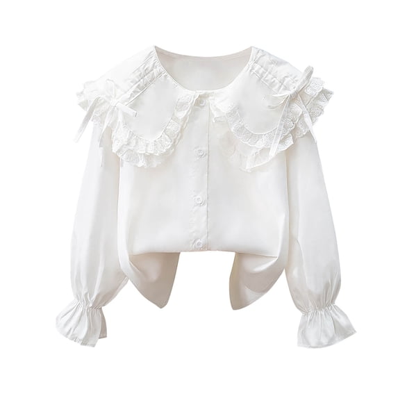 Ultrave Girls Long Sleeve Blouse Button Up Uniform Shirts Bow Trim Loose Shirt for 5-14Y