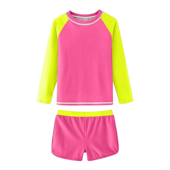 Ultrave Girls Long Sleeve Swimsuit Quick Fit Top Matching Shorts Bathing Suit Color Block Swimming Suit for 12-16Y