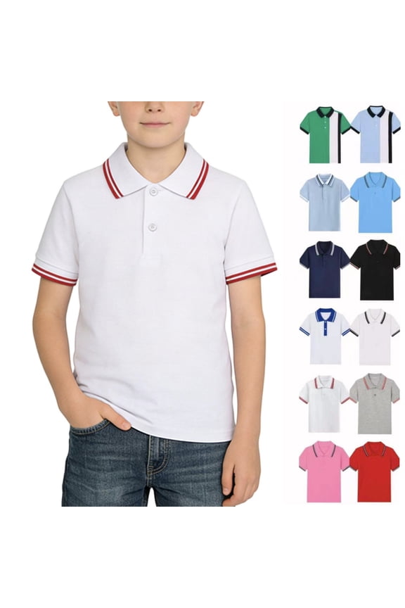 School T-shirt for Kids Boys Short Sleeve Button Lapel Basic Tops Summer Uniform Casual Shirts for 3-15 Y