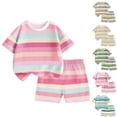 thumbnail image 1 of Ultrave Kids Cute Summer Outfit, Color Block Striped Short Sleeve T-Shirt Elastic Waist Shorts Set, Casual Playwear 1-14T, 1 of 5