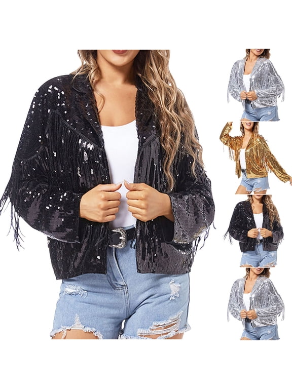 Sequin Fringe Jacket for Women Glitter Tassel Coat Y2K 90s Streetwear Jackets