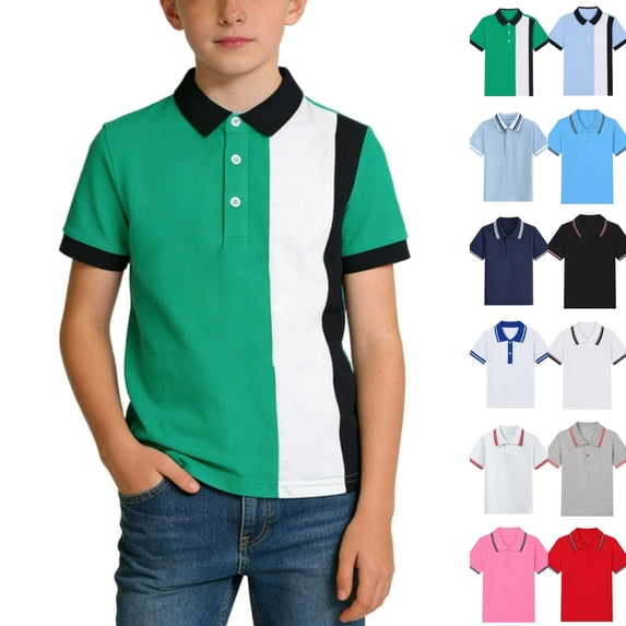 Ultrave School T-shirt for Kids Boys Short Sleeve Button Lapel Basic Tops Summer Uniform Casual Shirts for 3-15 Y