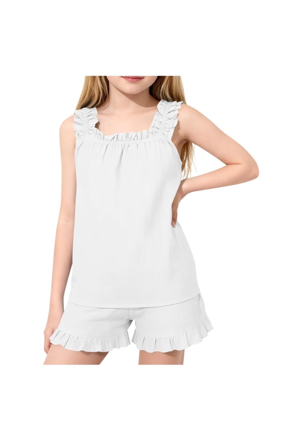 Summer Cotton Linen Outfits for Girls Ruched Loose Tank Top and Ruffle Shorts Set for 5-16Y