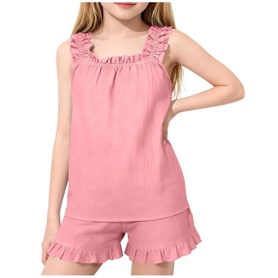 Ultrave Summer Cotton Linen Outfits for Girls Ruched Loose Tank Top and Ruffle Shorts Set for 5-16Y