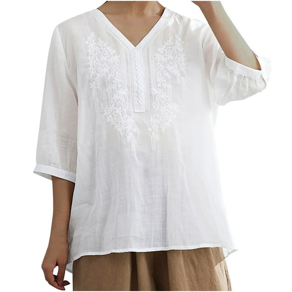 Ultrave Women's Casual Tops Embroidered V Neck Retro Plus Size 1/2 Sleeve Shirts Summer Clearance