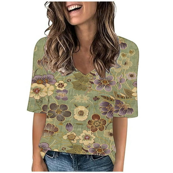 Ultrave Women's Casual Tops V Neck 1/2 Sleeve Shirts Print Baggy Fashion Clothes
