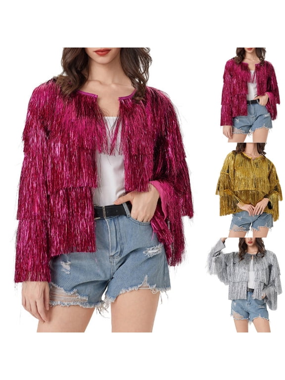 Women's Sequin Fringe Bomber Jackets Sparkly Tassel Hem Open Front Outerwear Y2K Streetwear