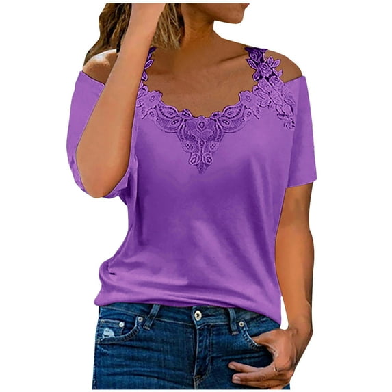 Ultrave Women's Short Sleeve Tops Blouse Off Shoulder Lace Patchwork Fashion Clothes