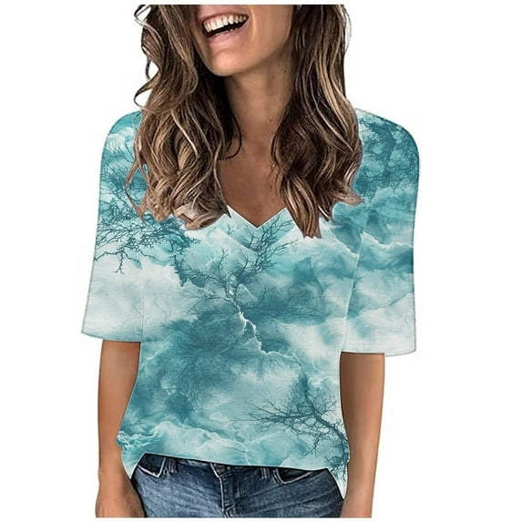 Ultrave Women's Tunic Tops V Neck 1/2 Sleeve Blouse Print Casual Tees Y2k