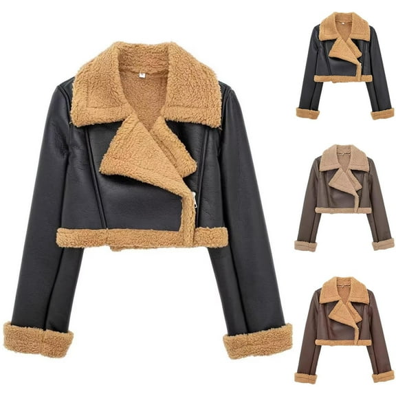 Ultrave Womens Fashion Fleece Thicken Coat Lapel Casual Short Leather Jacket