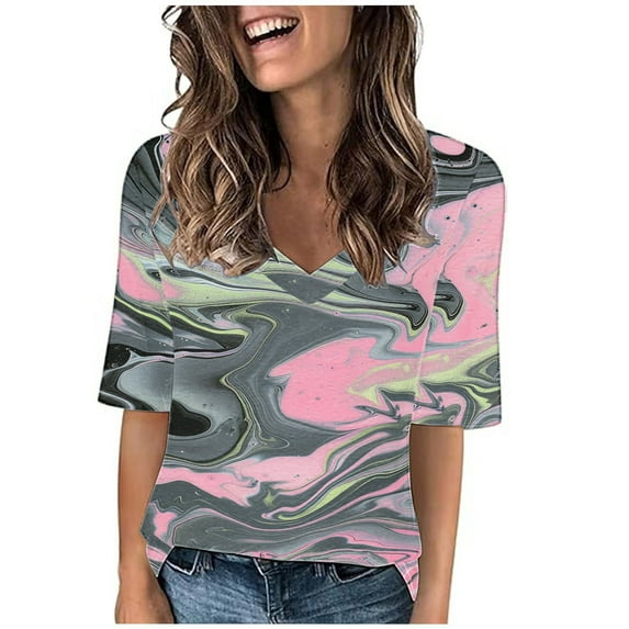Ultrave Womens Tops Blouse Print Casual V Neck 1/2 Sleeve Tees Y2k