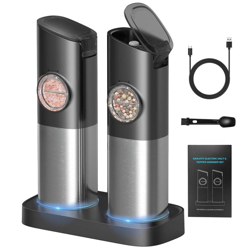 Ultrean Electric Salt & Pepper Grinder Sets, 2pcs Rechargeable, Adjustable, Stainless Steel Construction, Auto Dust Lids, LED one-hand operation
