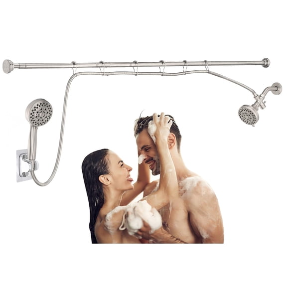 Ultrimkit Double Shower Head for Couple, High Pressure Dual Showerhead Combo, Adjustable Height Shower Rod, 5-Setting Handheld Shower Head, 5-Setting Handheld Shower Head, Brushed Nickel