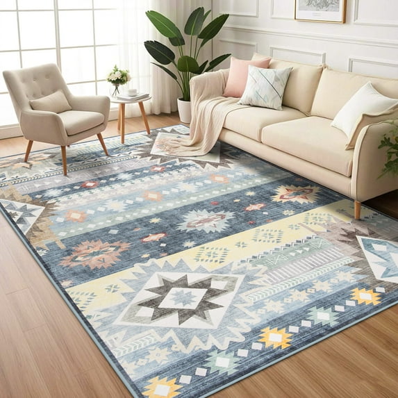 Ultrug Boho Area Rug Modern Geometric Soft Non Slip Rugs Indoor Floor Carpet for Living Room Bedroom Home Decor,6'x9',Blue