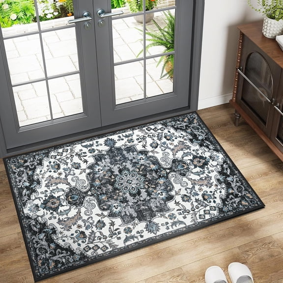 Ultrug Boho Vintage Rugs Floral Printed Area Rug Soft Carpet for Living Room Bedroom Home Decor,2'x3',Black