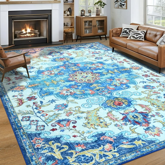 Ultrug Boho Vintage Rugs Floral Printed Area Rug Soft Carpet for Living Room Bedroom Home Decor,5'x8',Blue