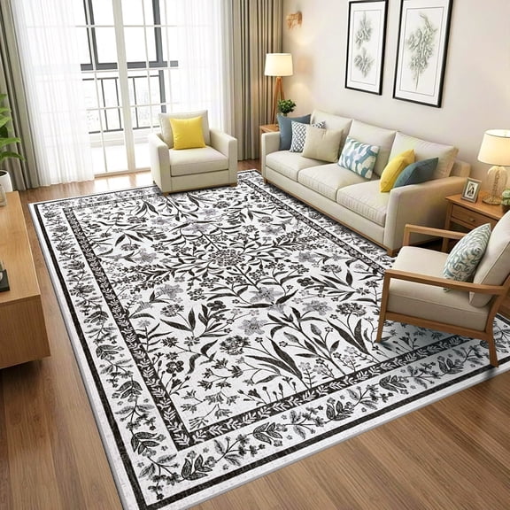 Ultrug Floral Area Rug Soft Non Slip Vintage Rugs for Living Room Bedroom Home Deocr Flower Carpet,4'x6',Black