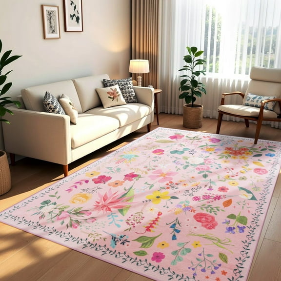 Ultrug Floral Area Rug Soft Non Slip Vintage Rugs for Living Room Bedroom Home Deocr Flower Carpet,5'x7',Pink