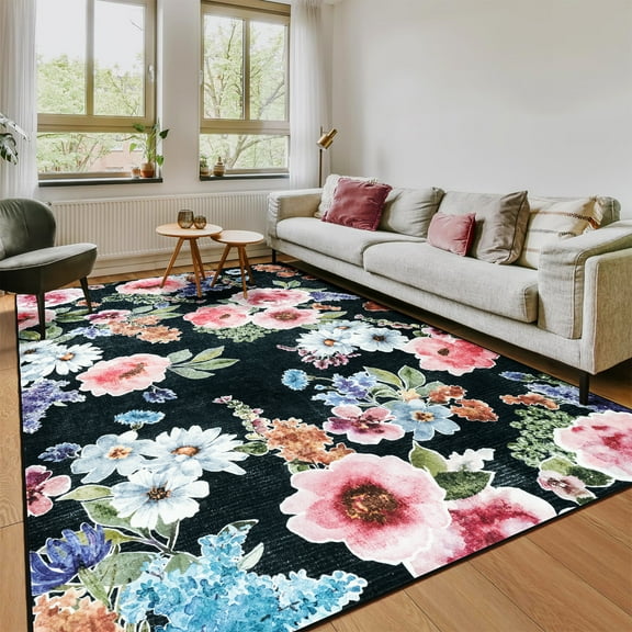 Ultrug Floral Area Rug Soft Non Slip Vintage Rugs for Living Room Bedroom Home Deocr Flower Carpet,5'x8',Black