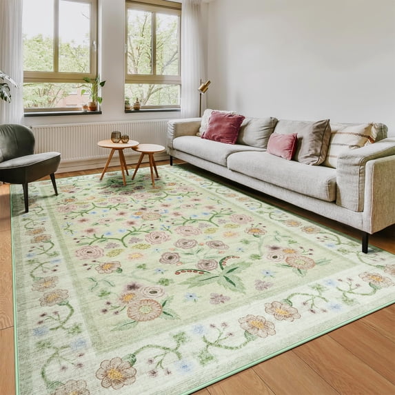 Ultrug Floral Area Rug Soft Non Slip Vintage Rugs for Living Room Bedroom Home Deocr Flower Carpet,5'x8',Green