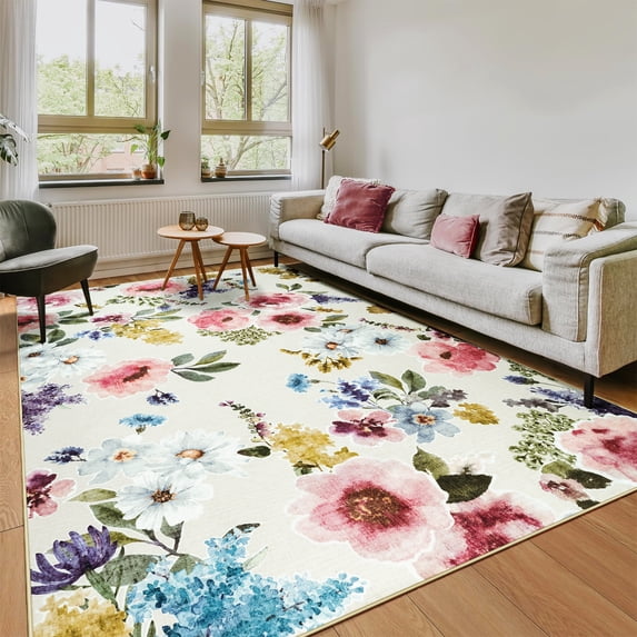 Ultrug Floral Area Rug Soft Non Slip Vintage Rugs for Living Room Bedroom Home Deocr Flower Carpet,6'x9',Beige