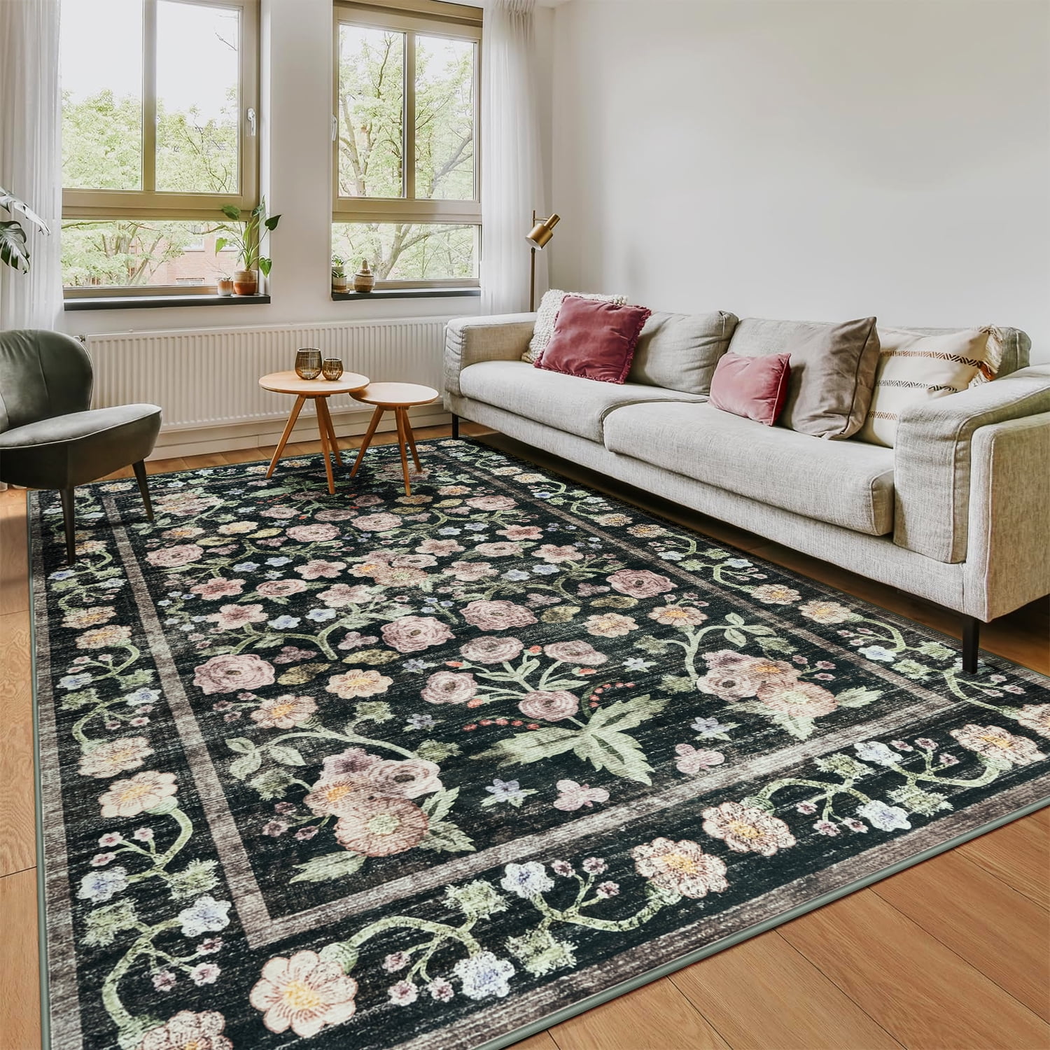 Ultrug Floral Area Rug Soft Non Slip Vintage Rugs for Living Room Bedroom Home Deocr Flower Carpet,6'x9',Black