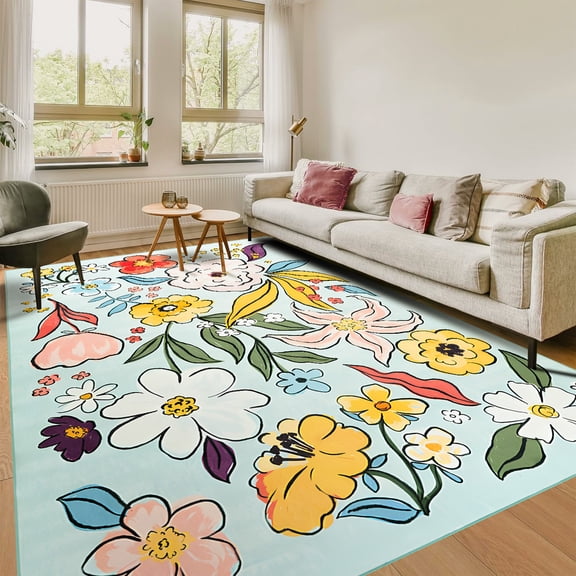 Ultrug Floral Area Rugs Boho Rugs Flower Print Carpet for Bedroom Living Room Office Nursery Home Decor,4'x6',Green